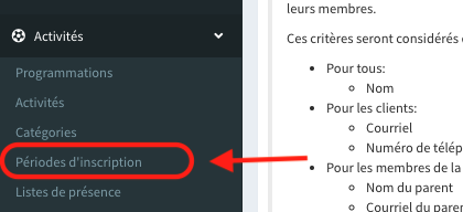 onglet période dinscription
